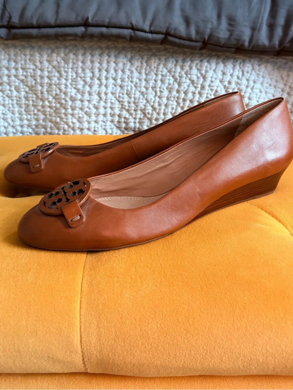 Tory Burch Cognac Leather Wedge Pump with Logo Medallion